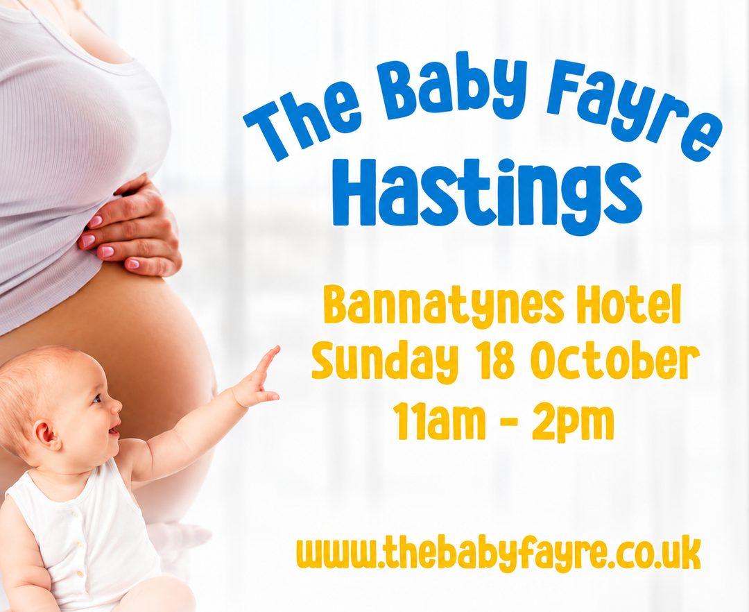Hastings Baby Fayre 2026 at Bannatynes Hotel on Sunday 18th October, 11am–2pm. Event poster featuring an expectant mother and baby, promoting the baby and parenting fair where baby2child will be exhibiting.