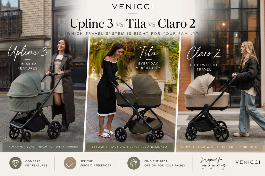 Venicci Upline 3, Tila and Claro 2 travel systems compared in lifestyle settings.