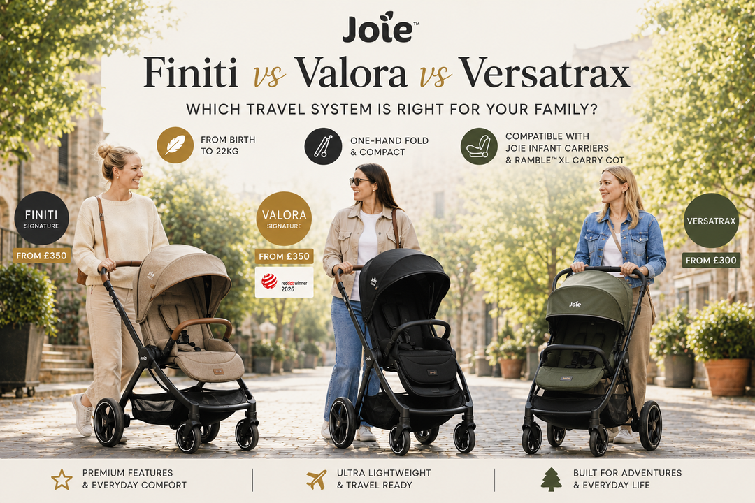 Comparison of the Joie Signature Finiti, Joie Signature Valora and Joie Versatrax travel systems to help parents choose the right Joie pushchair for their family.