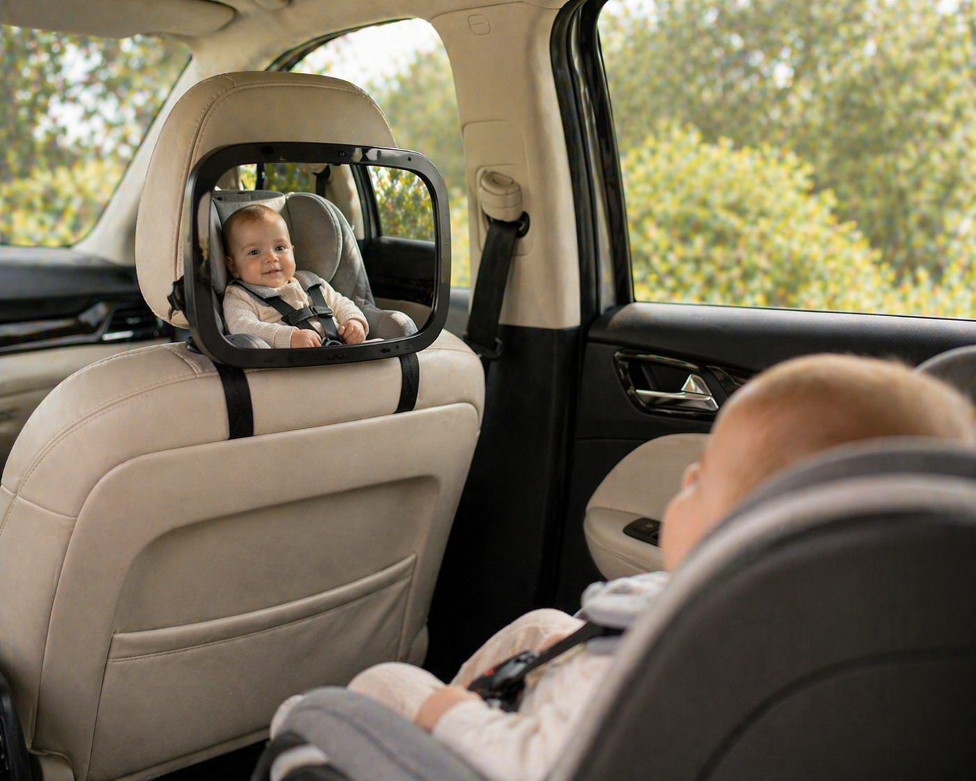 Baby car mirror mounted on headrest reflecting a child in a rear facing car seat