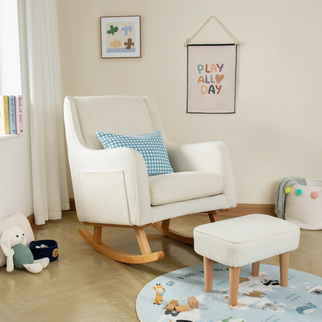 Nursing chairs collection featuring comfortable rocking chairs, gliders, and recliner chairs for feeding and soothing babies in a cosy nursery setting