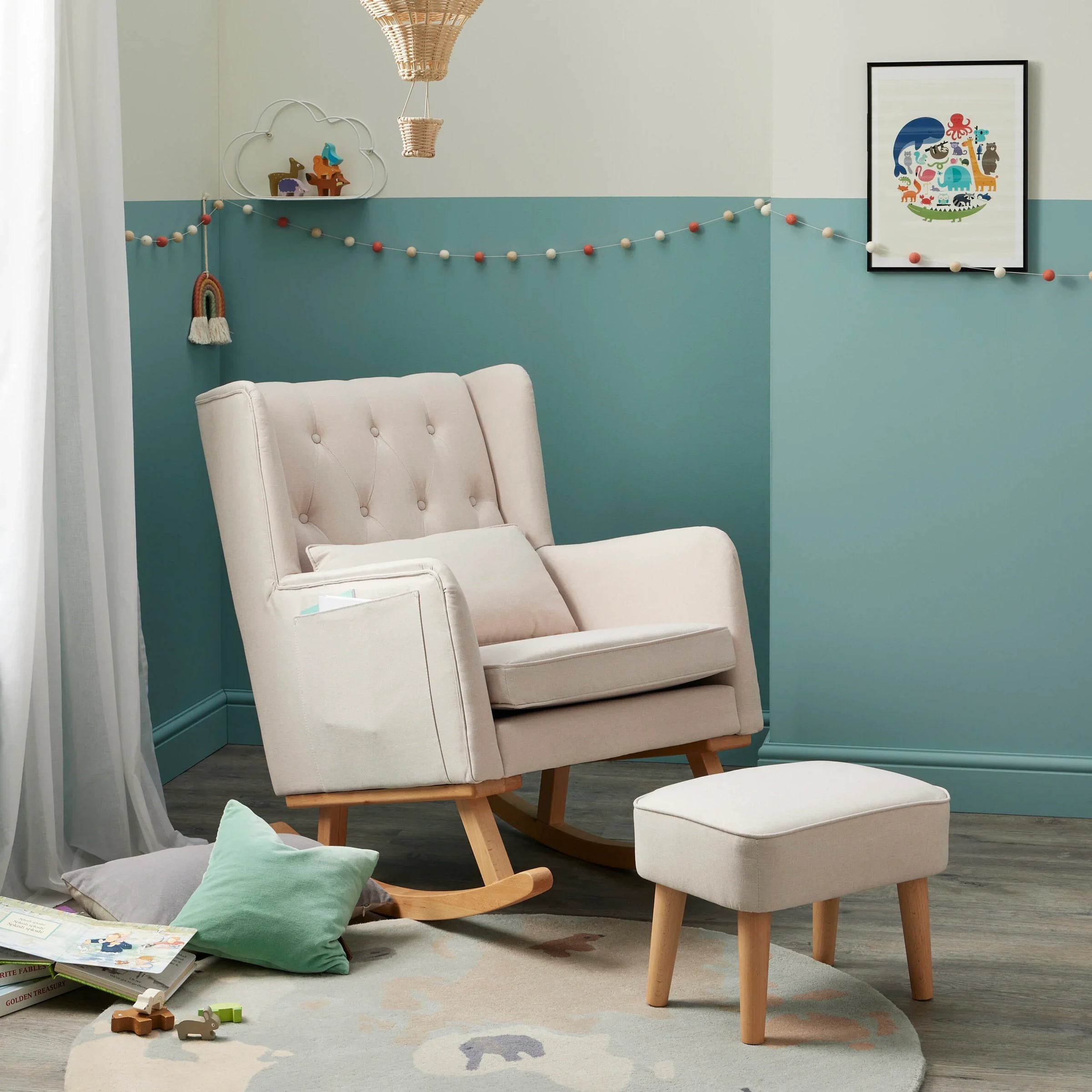 Babymore nursing chairs collection featuring comfortable rocking and feeding chairs in soft neutral fabrics for modern nurseries