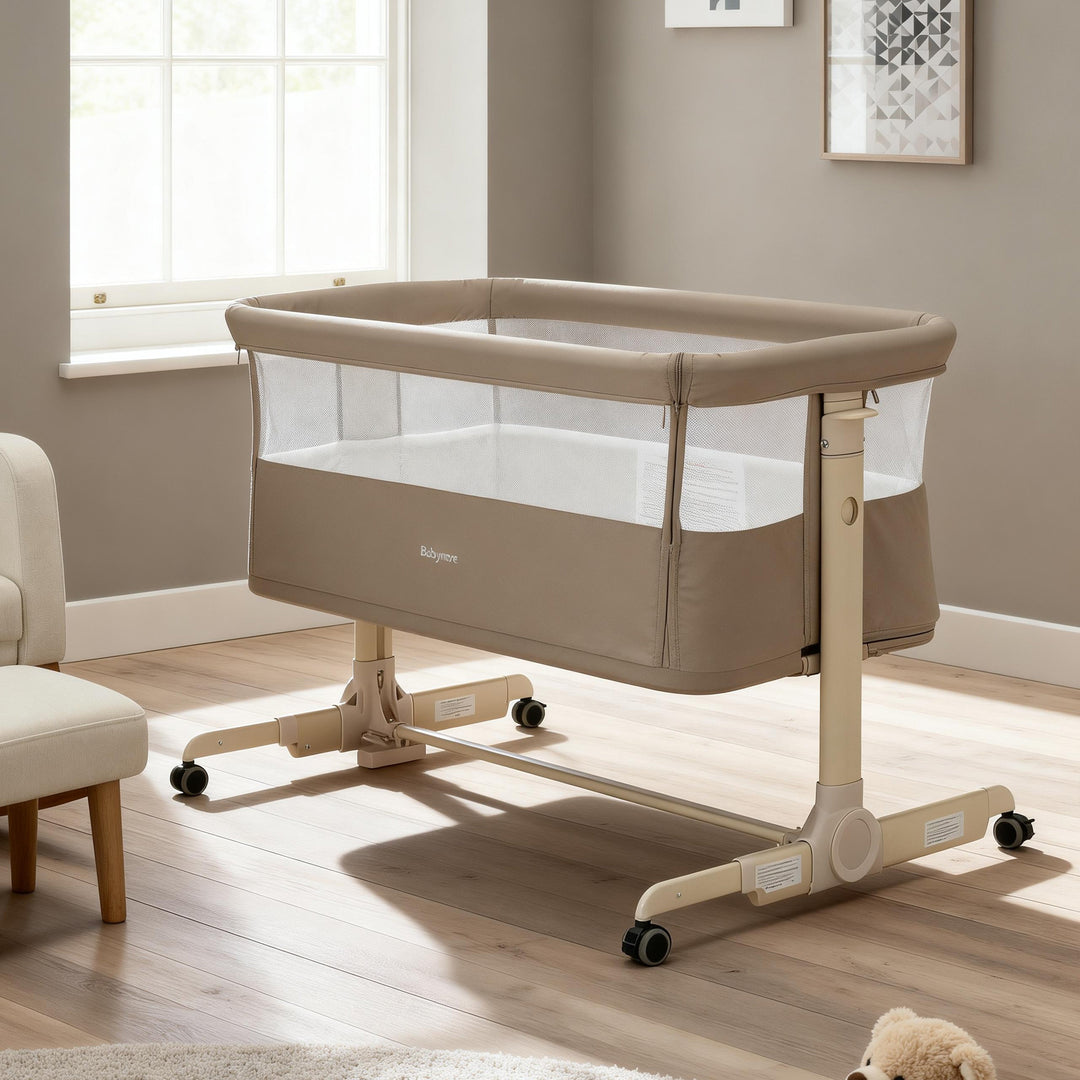 Babymore bedside cribs collection featuring adjustable next-to-me cribs with breathable sides for safe and comfortable baby sleep