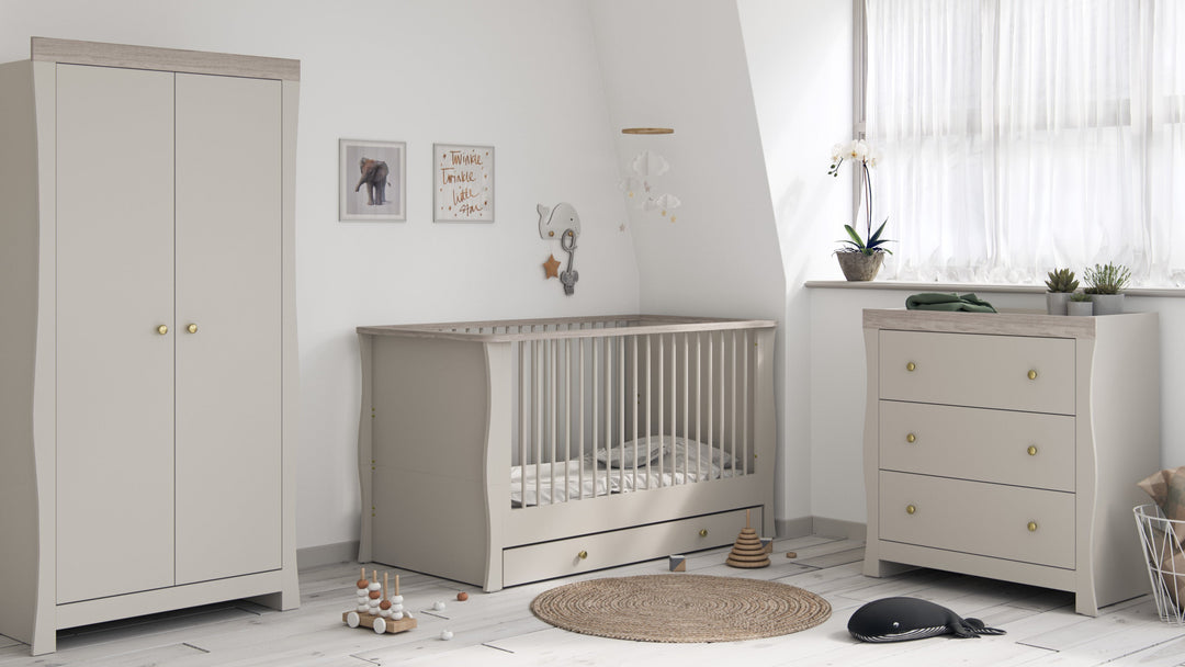 Little Acorns Celeste nursery furniture collection with cot bed, wardrobe and chest changer in a modern neutral nursery