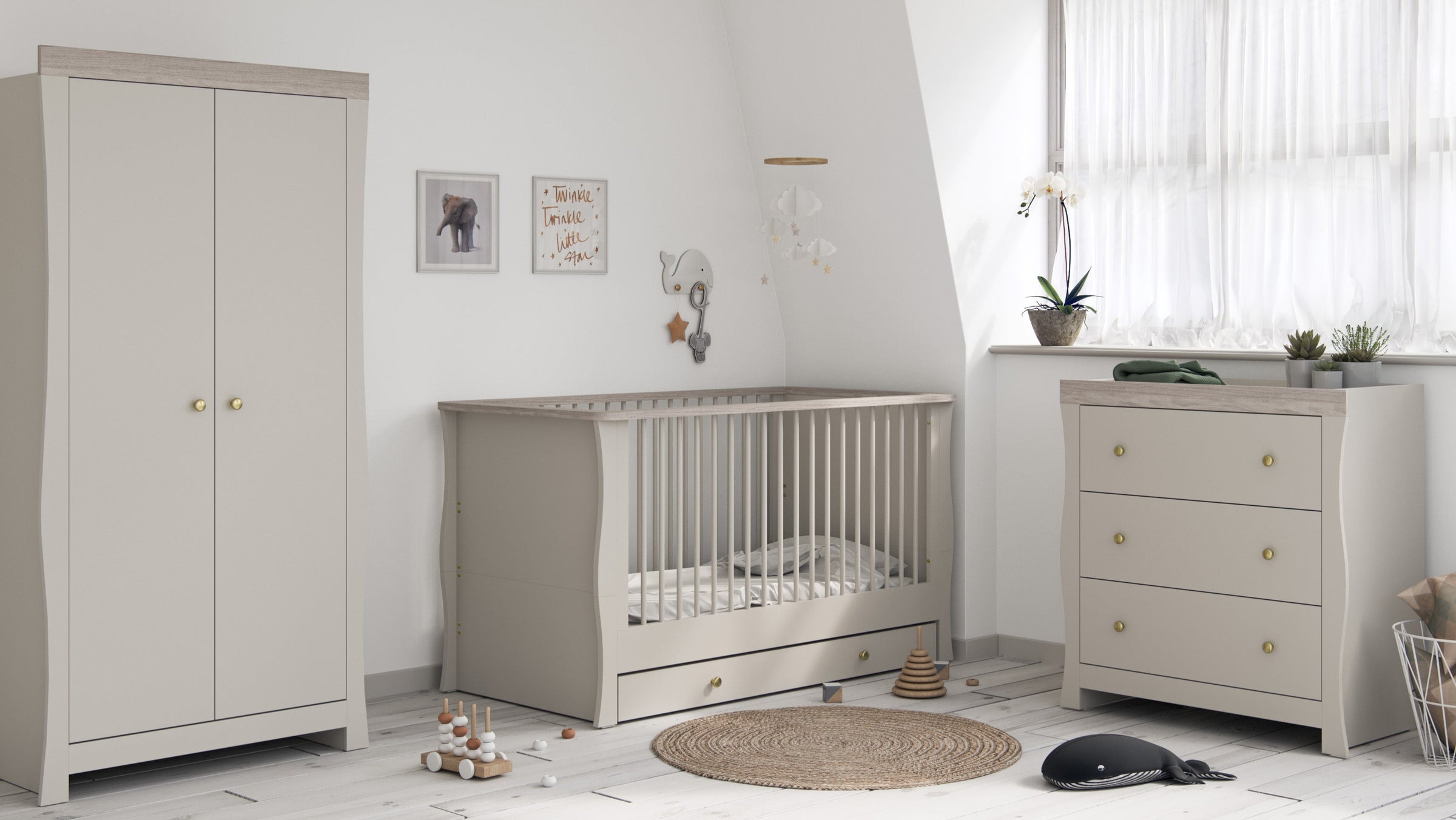 Little Acorns Celeste nursery furniture collection with cot bed, wardrobe and chest changer in a modern neutral nursery