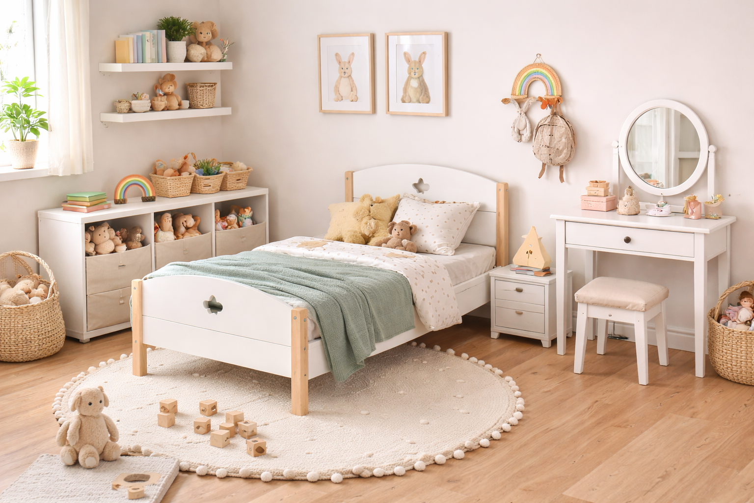 Children’s furniture collection featuring toddler beds, dressing tables, toy storage units, and playroom furniture in a modern home setting