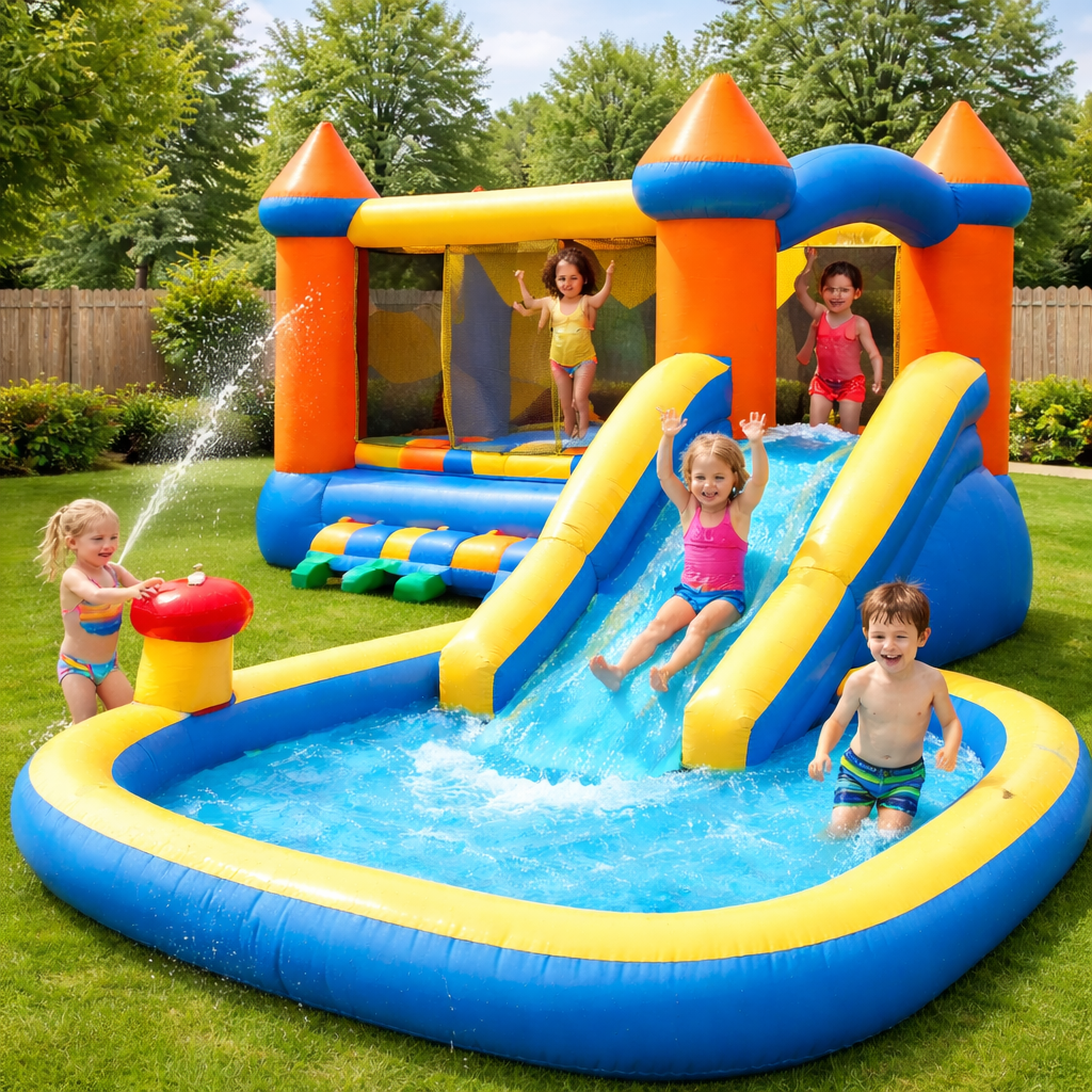 Bouncy castles and inflatables collection featuring kids inflatable bounce houses, slides, and garden play centres for active outdoor fun