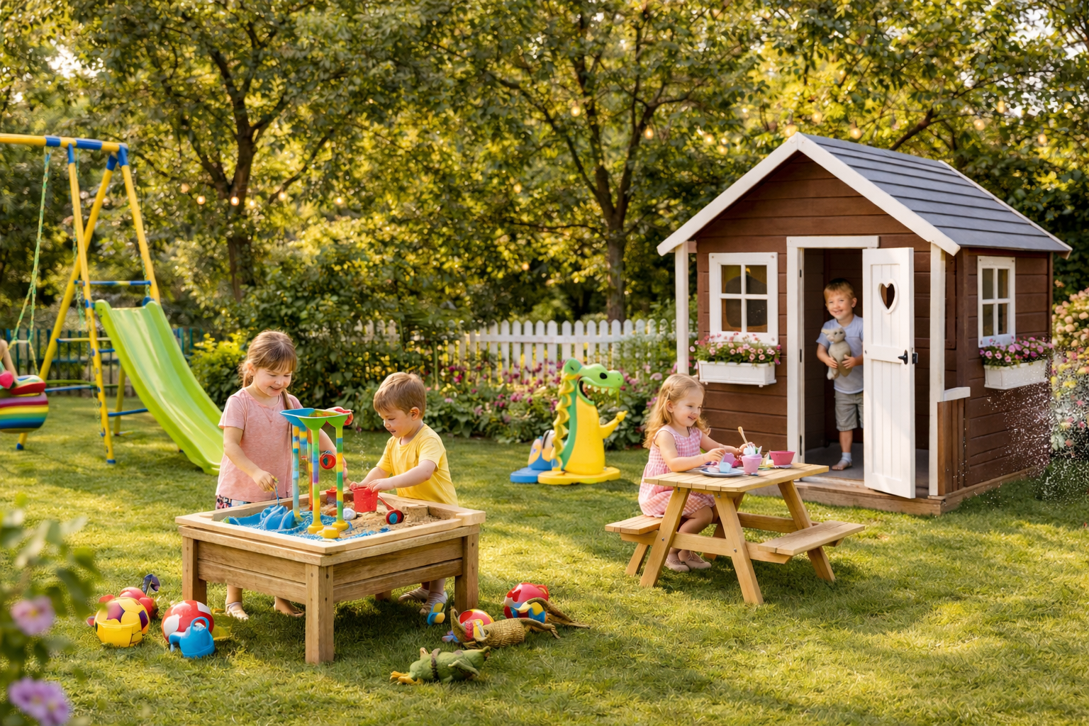 Outdoor toys collection featuring swings, slides, climbing frames, playhouses, and sand and water play equipment for toddlers and children in a garden setting