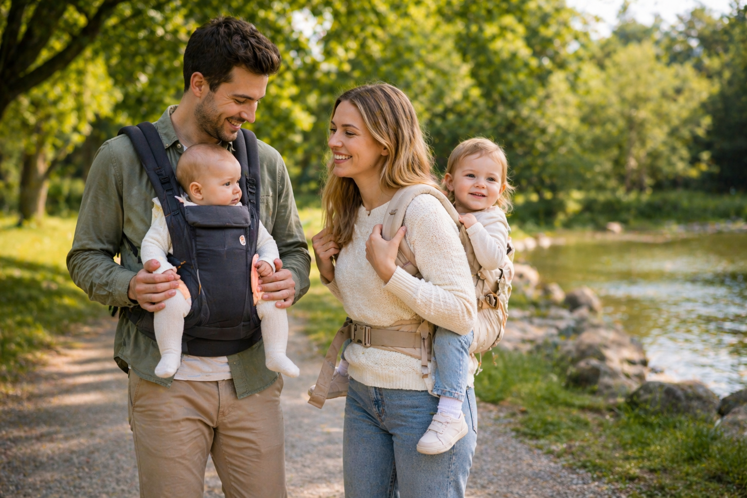 Baby carriers collection featuring parents carrying babies in front and back carriers during outdoor walks in a natural setting