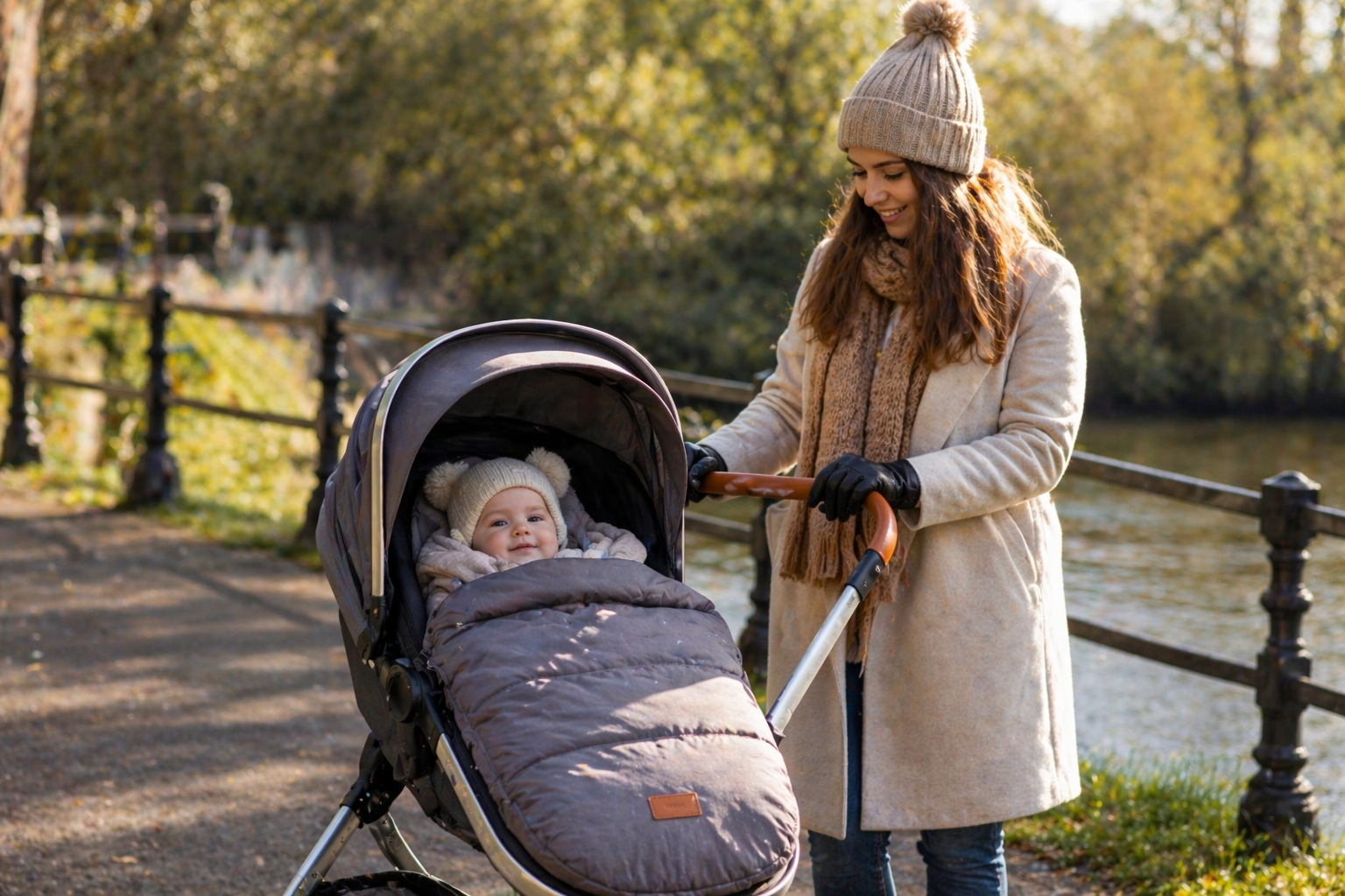 Pushchair footmuffs and cosytoes collection featuring a baby wrapped in a warm footmuff in a stroller during an outdoor walk in cool weather