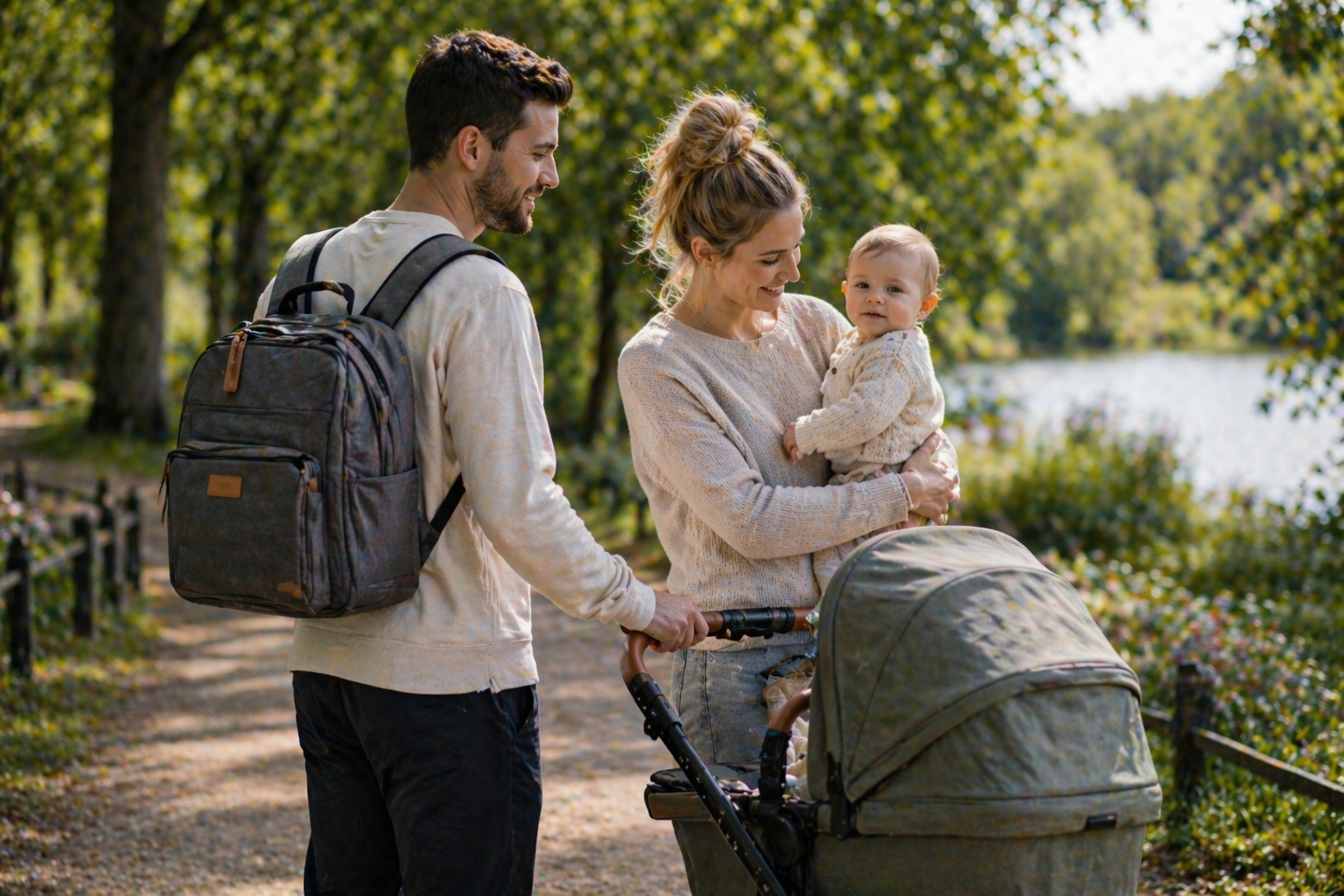 Baby changing bags collection featuring a parent wearing a backpack changing bag while walking with a pushchair outdoors in a park setting