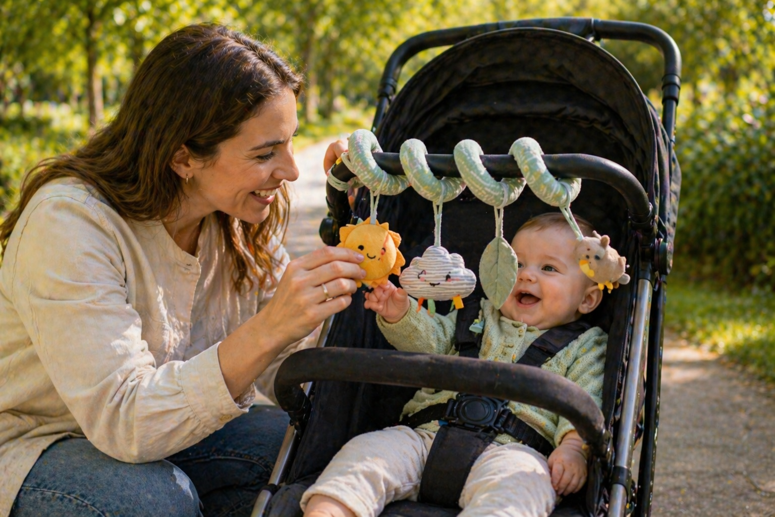 Pushchair toys collection featuring a baby playing with hanging activity toys attached to a stroller during an outdoor walk
