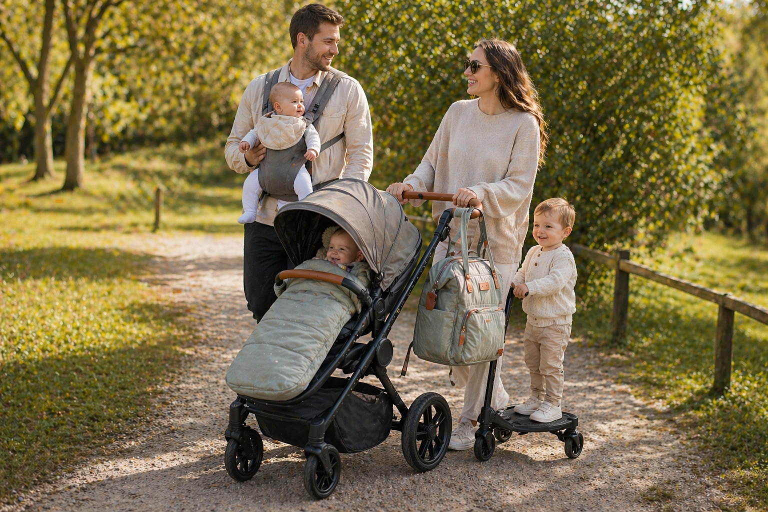 Pushchair accessories collection featuring a family using a stroller with footmuff, changing bag, ride on board, and baby carrier during an outdoor walk
