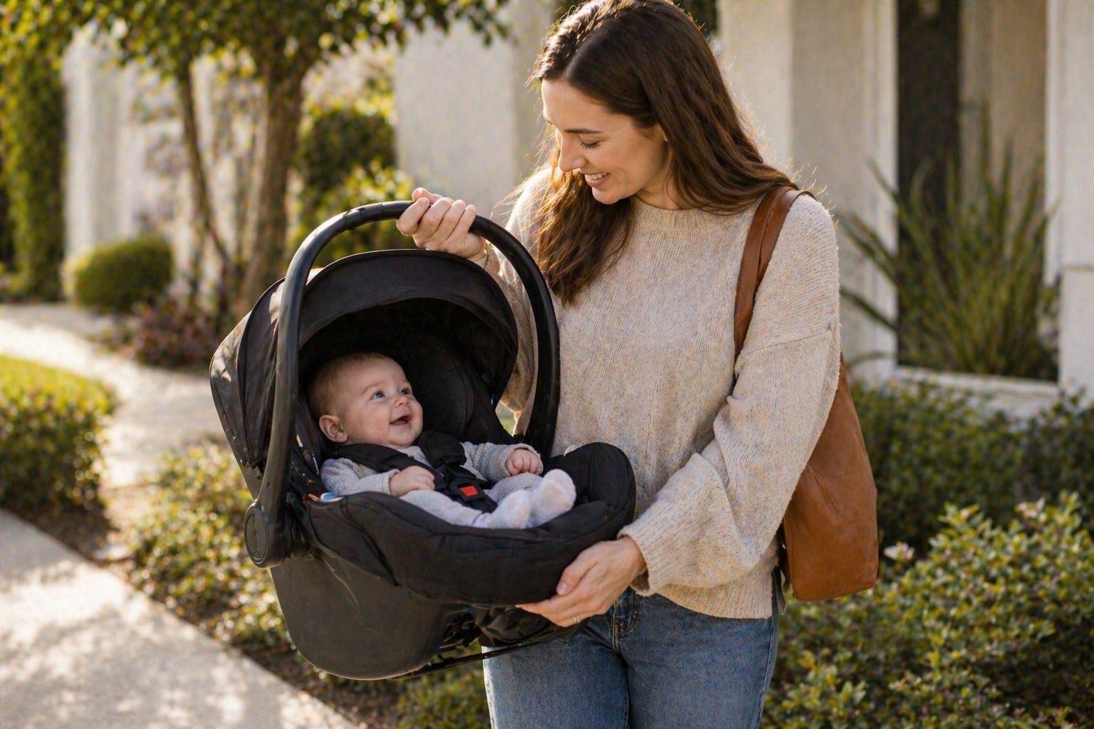 Infant carrier car seat collection featuring a parent holding a baby in a rear facing car seat during an outdoor setting