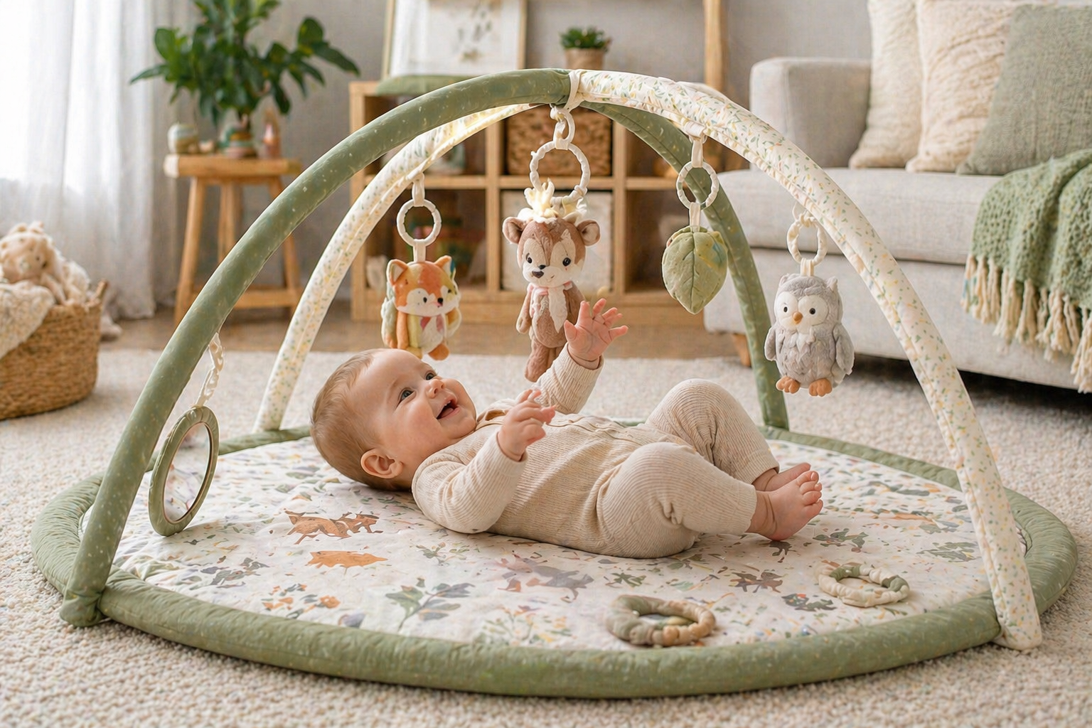 Playmats and play gyms collection featuring a baby lying on a soft playmat reaching for hanging toys on an activity gym in a bright, modern home setting