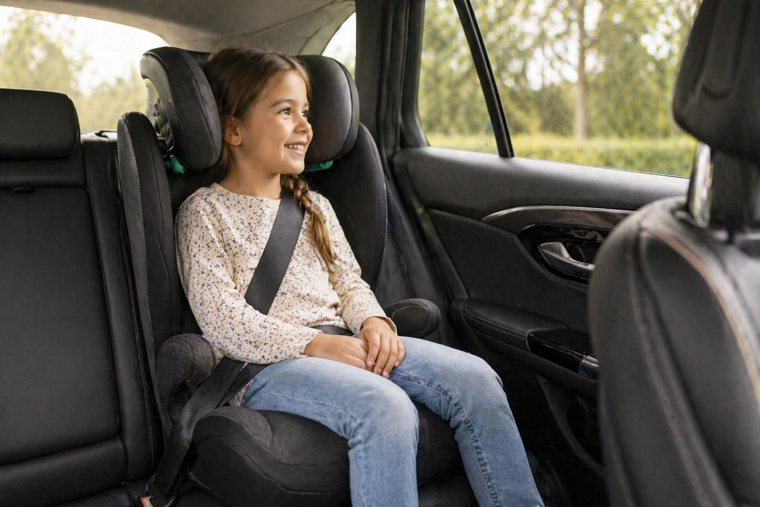 High back booster car seat collection featuring a child secured with a seatbelt in a supportive booster seat inside a car