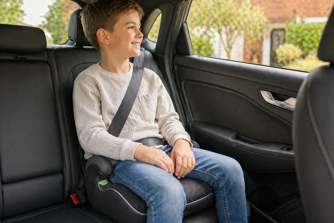 Backless booster car seat collection featuring an older child seated on a booster cushion with a seatbelt fastened inside a car