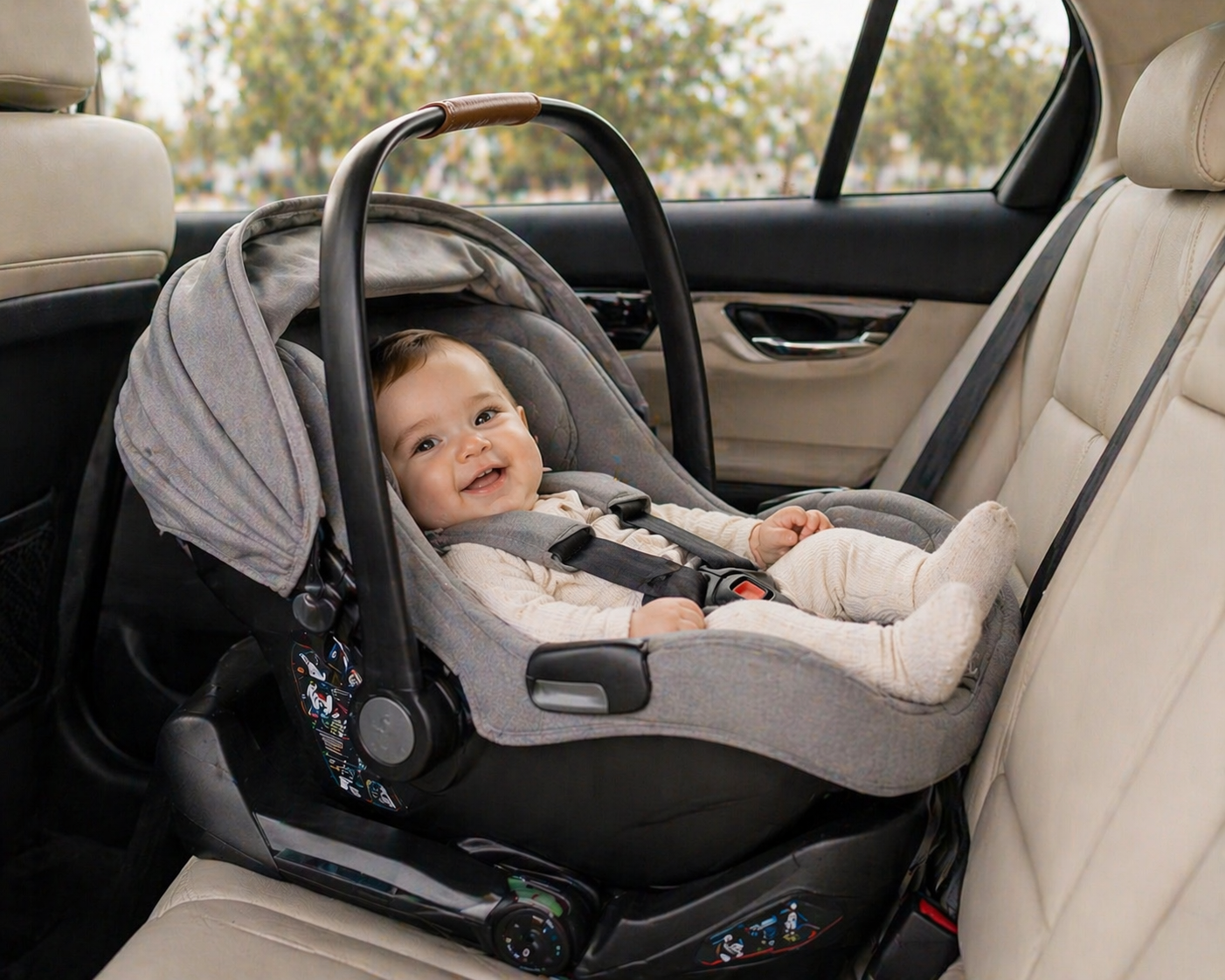 Infant carrier car seat collection featuring a baby secured in a rear-facing car seat inside a modern car interior