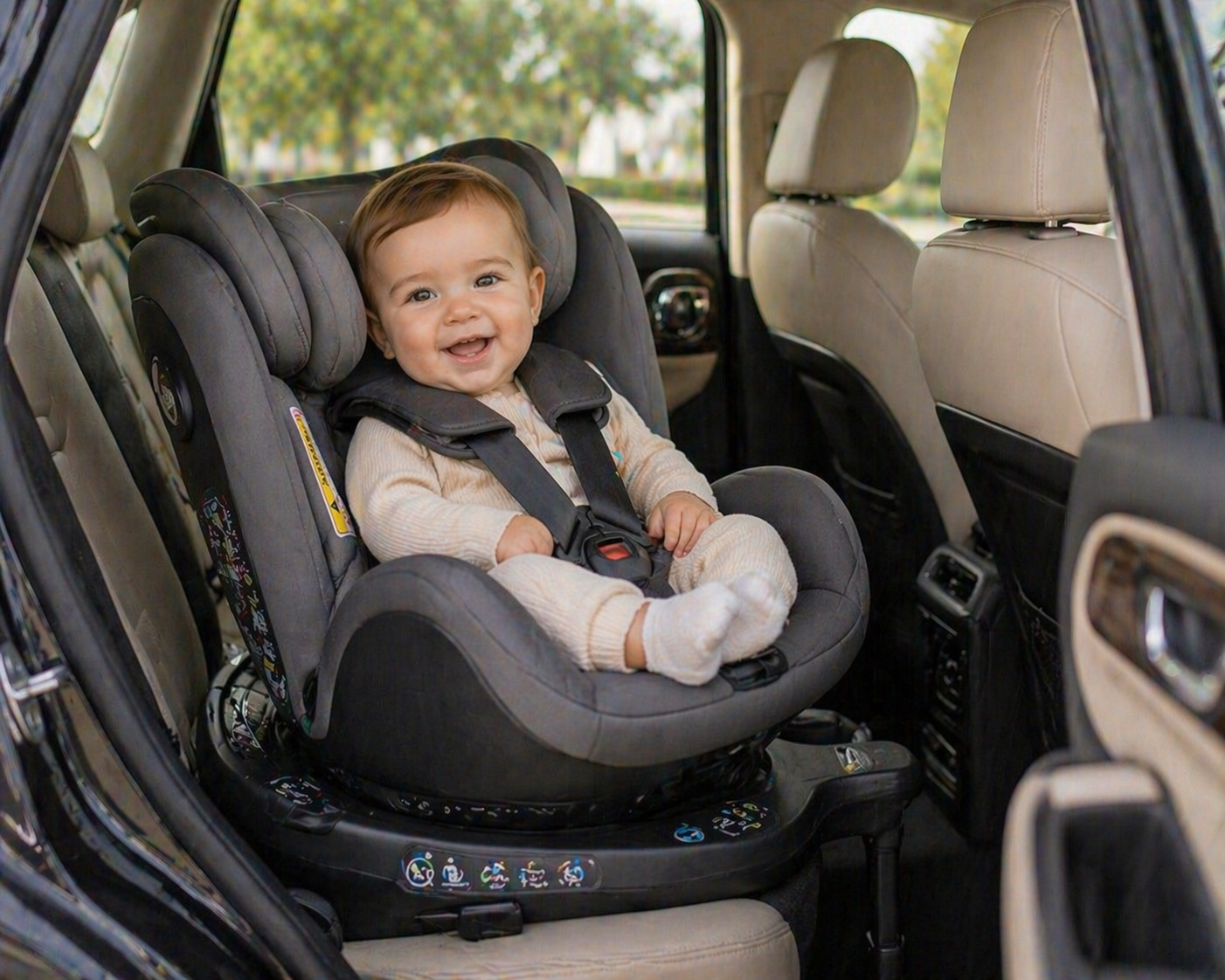 Rotating car seat collection featuring a child seated in a 360 degree car seat turned towards the car door inside a modern car interior