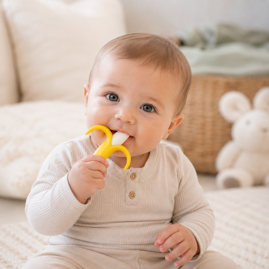 Baby chewing a silicone teether in a cosy nursery