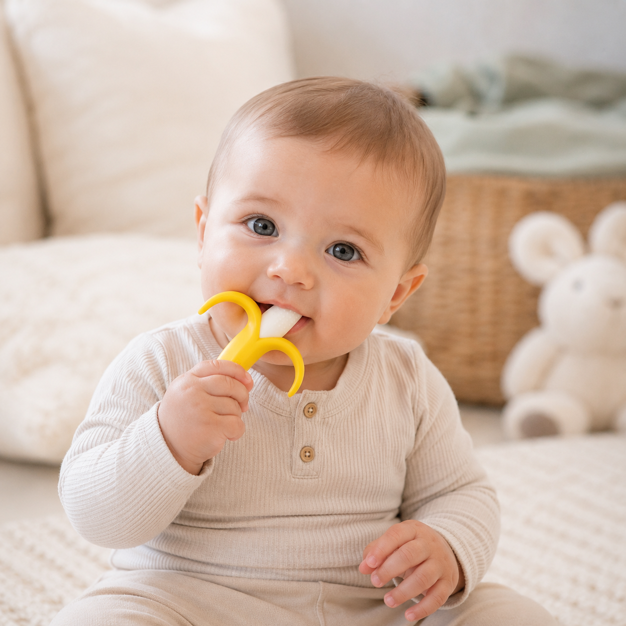 Baby chewing a silicone teether in a cosy nursery