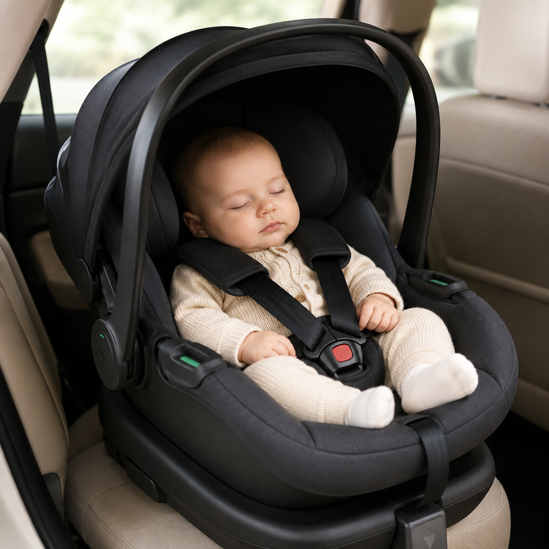 Baby safely secured in a rear-facing infant car seat