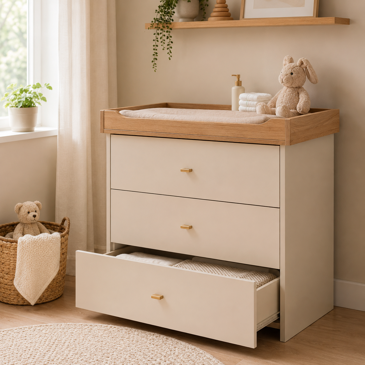 White nursery changing unit in a modern nursery