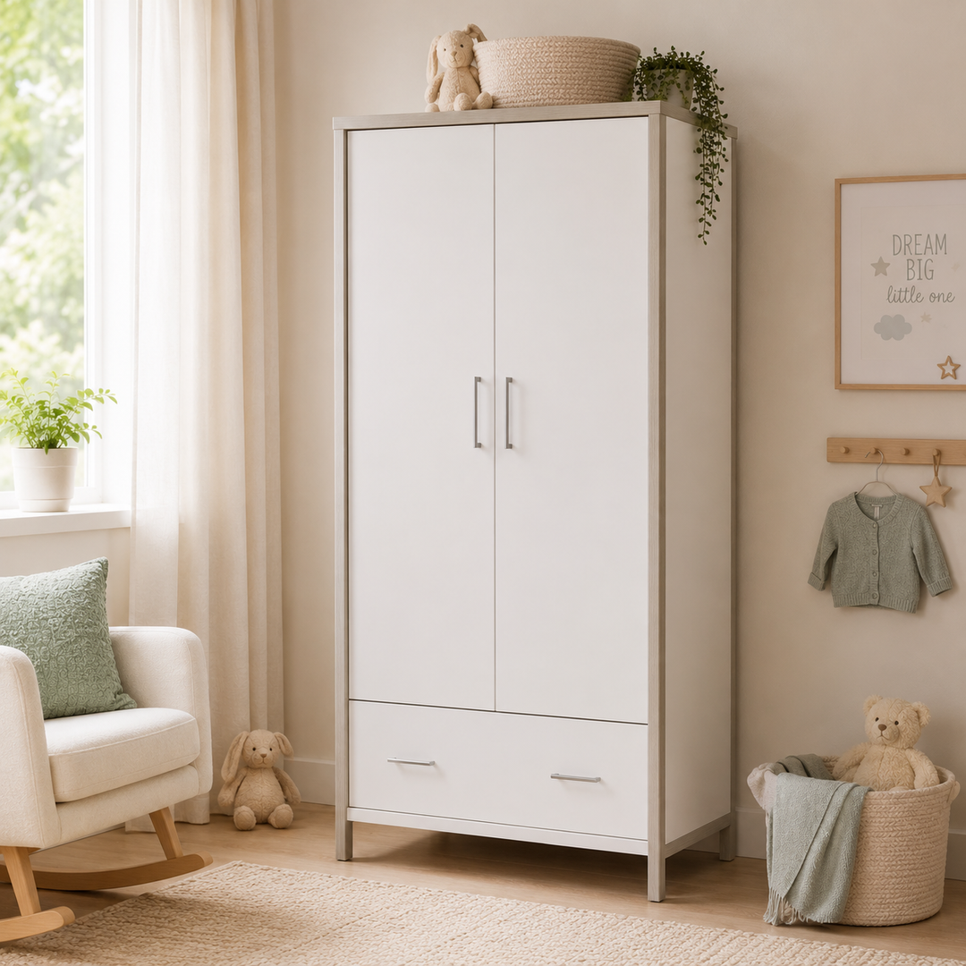 White nursery wardrobe in a modern nursery