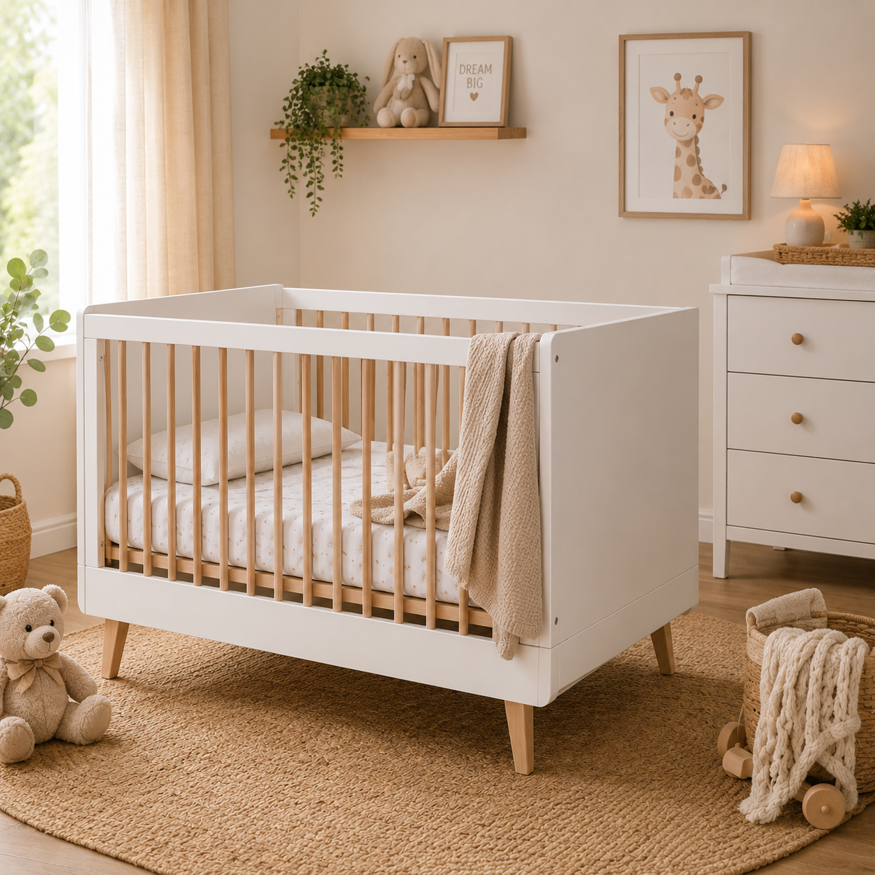 Modern white cot bed in a stylish nursery