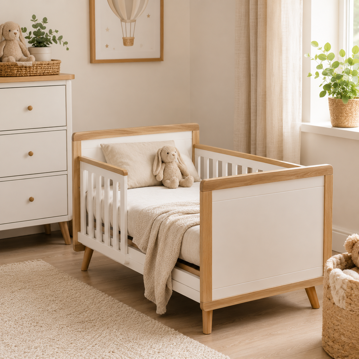 Modern white mini cot bed in a cosy nursery