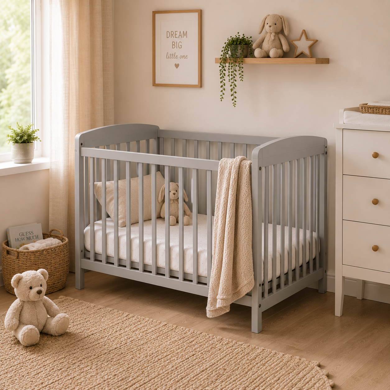 Grey space saver cot in a modern nursery