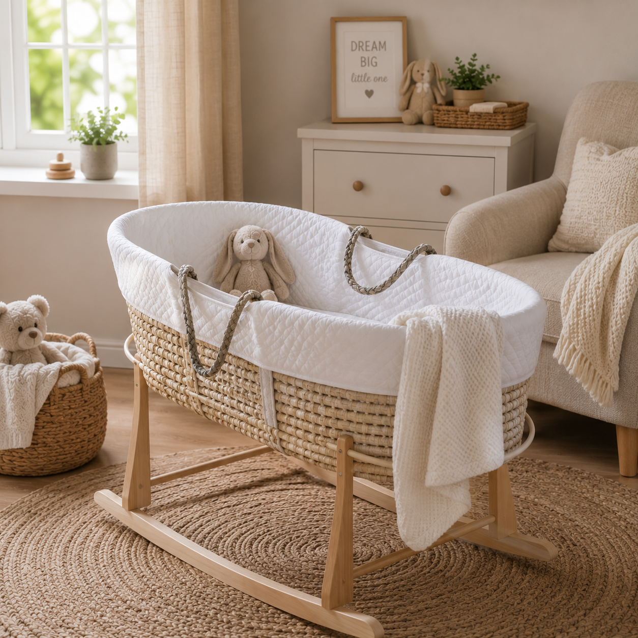 Wicker Moses basket with rocking stand in a cosy nursery