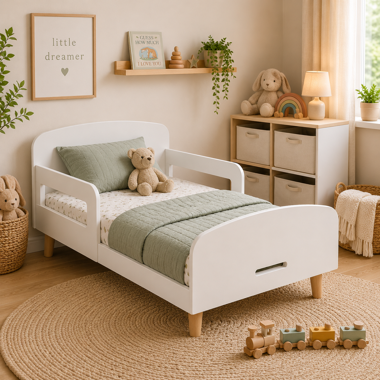 Modern white toddler bed in a cosy children's bedroom