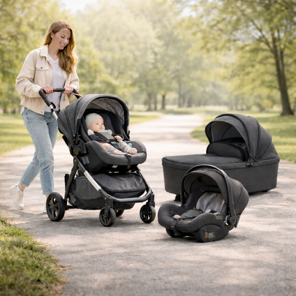 Mother pushing baby in a travel system pushchair with carrycot and infant car seat displayed in a park lifestyle setting