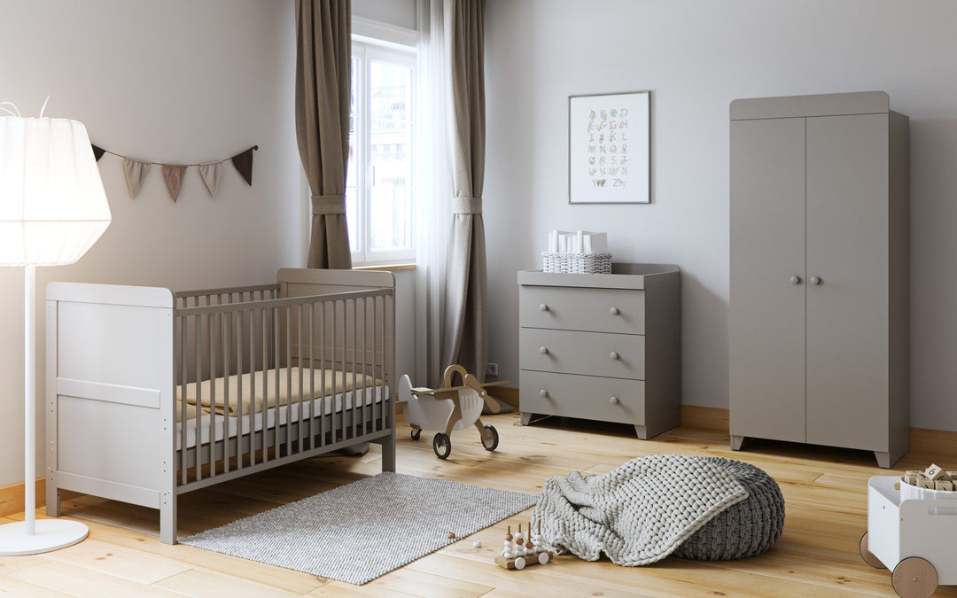 Little Acorns Classic nursery furniture collection with cot bed, wardrobe and chest changer in a timeless nursery setting