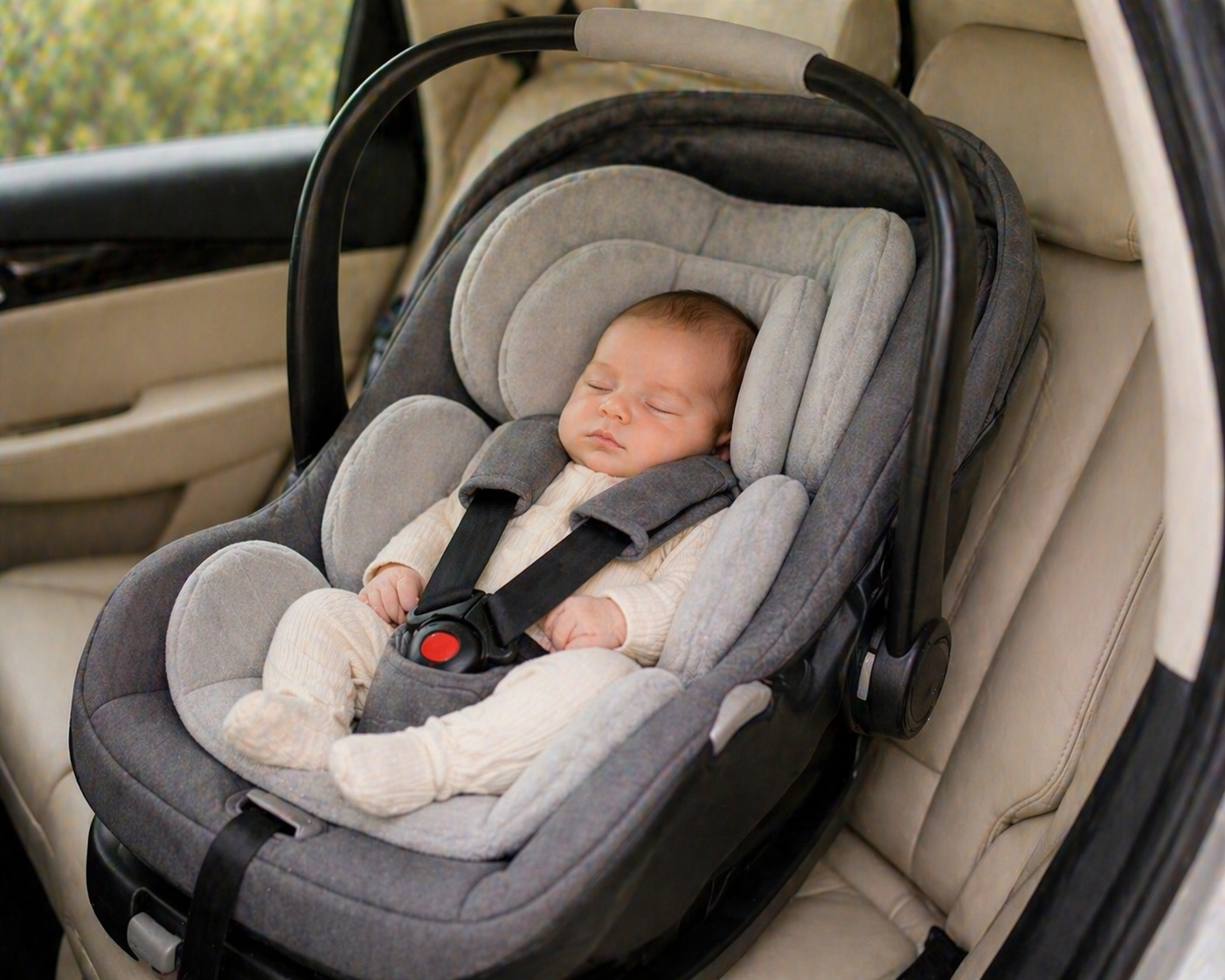 Newborn baby lying in a car seat with soft padded insert in a modern car interior