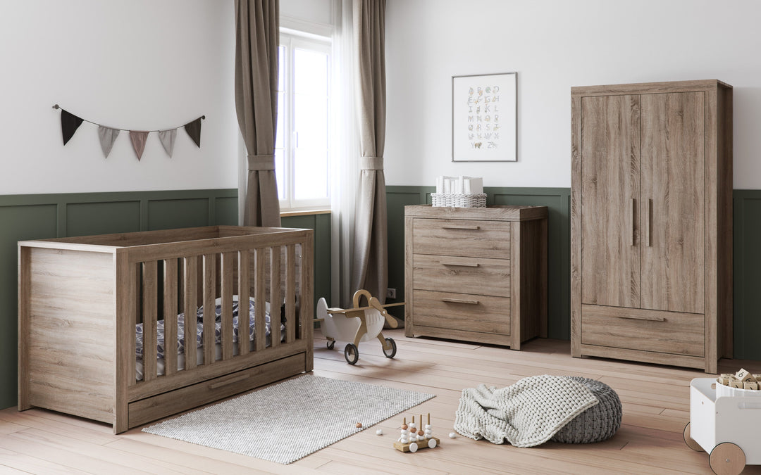 Little Acorns Ellesmere nursery furniture collection with cot bed, wardrobe and chest changer in a stylish modern nursery