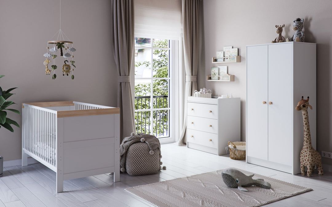 Little Acorns Florence nursery furniture collection with cot bed, wardrobe and chest changer in an elegant nursery room