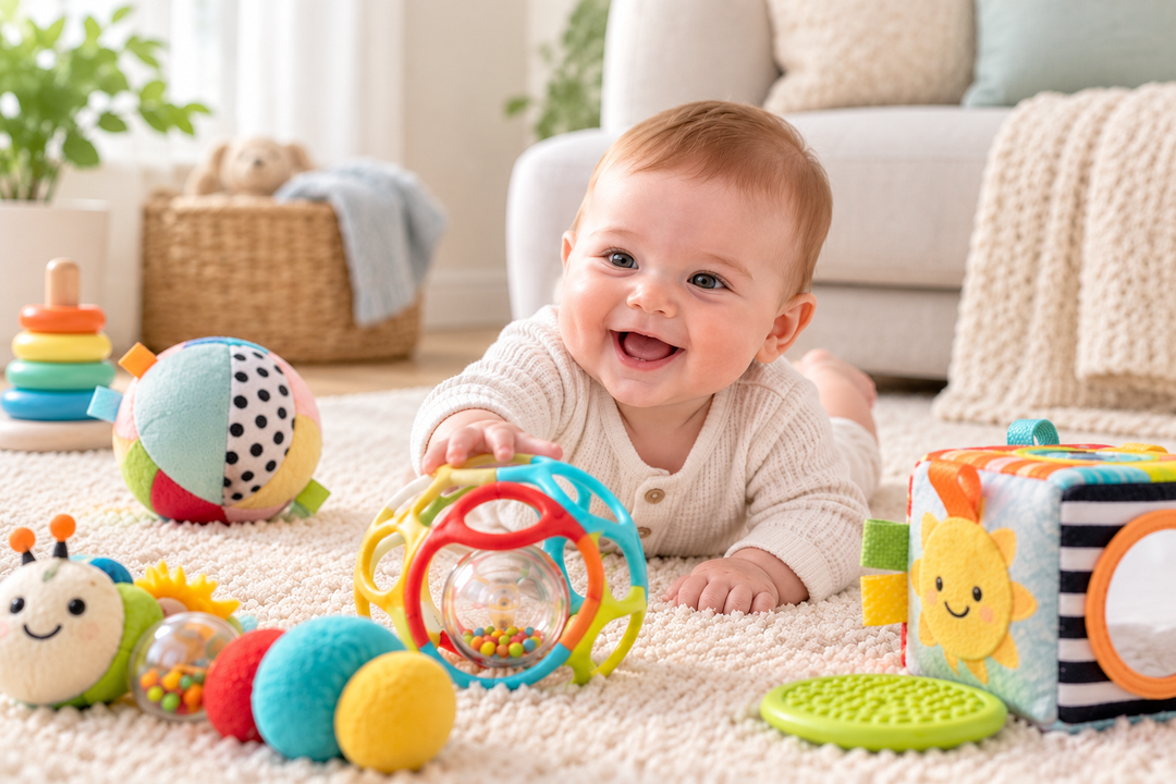 Smiling baby enjoying tummy time with colourful activity and developmental toys in a bright nursery.