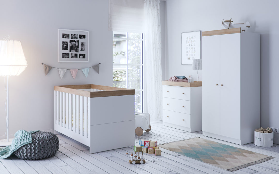 Little Acorns Burlington nursery furniture collection with cot bed, wardrobe and chest changer featuring oak-effect detailing