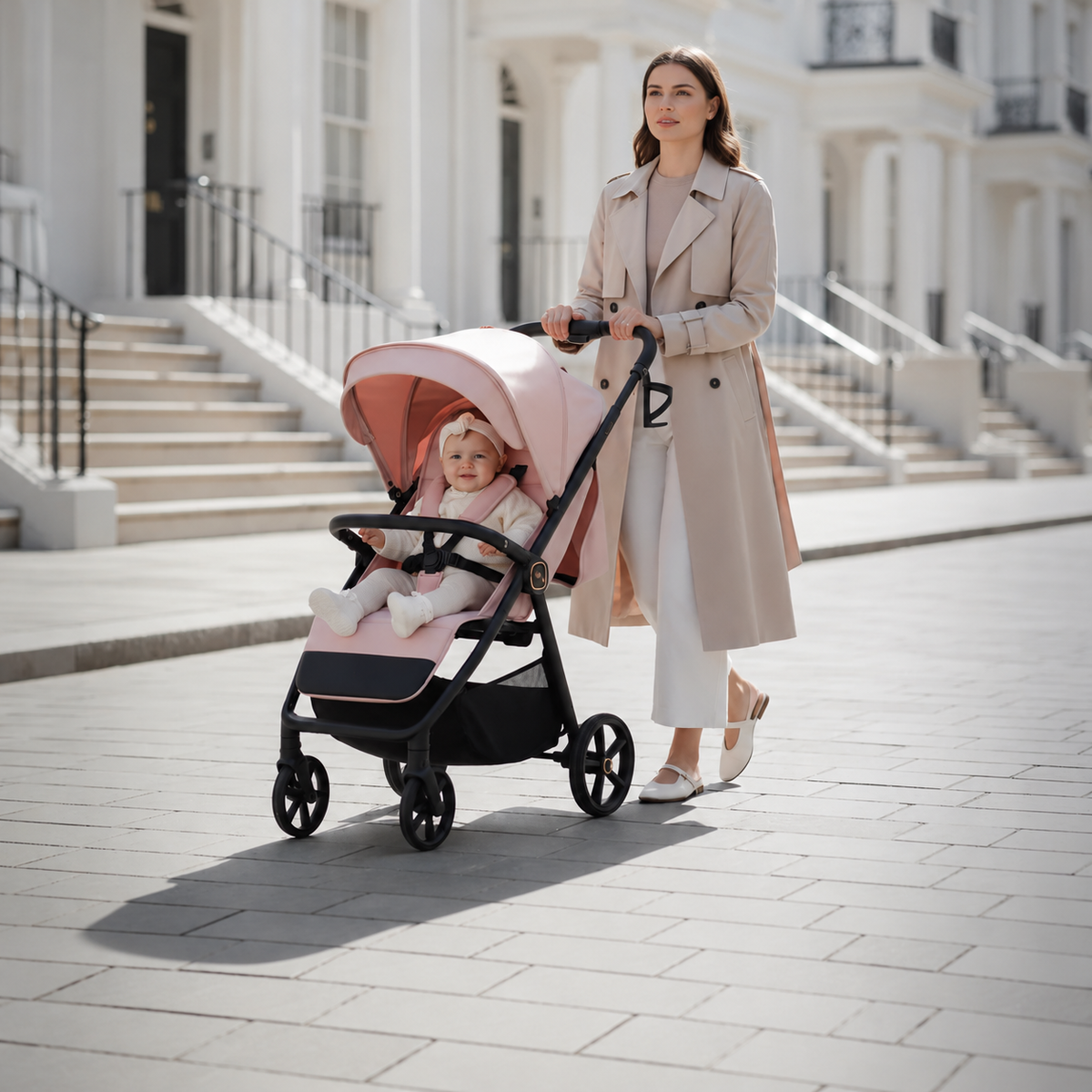 My Babiie MB170 pushchair in blush pink with matching canopy and padded seat, carrying a baby while being pushed by a woman along a residential street.
