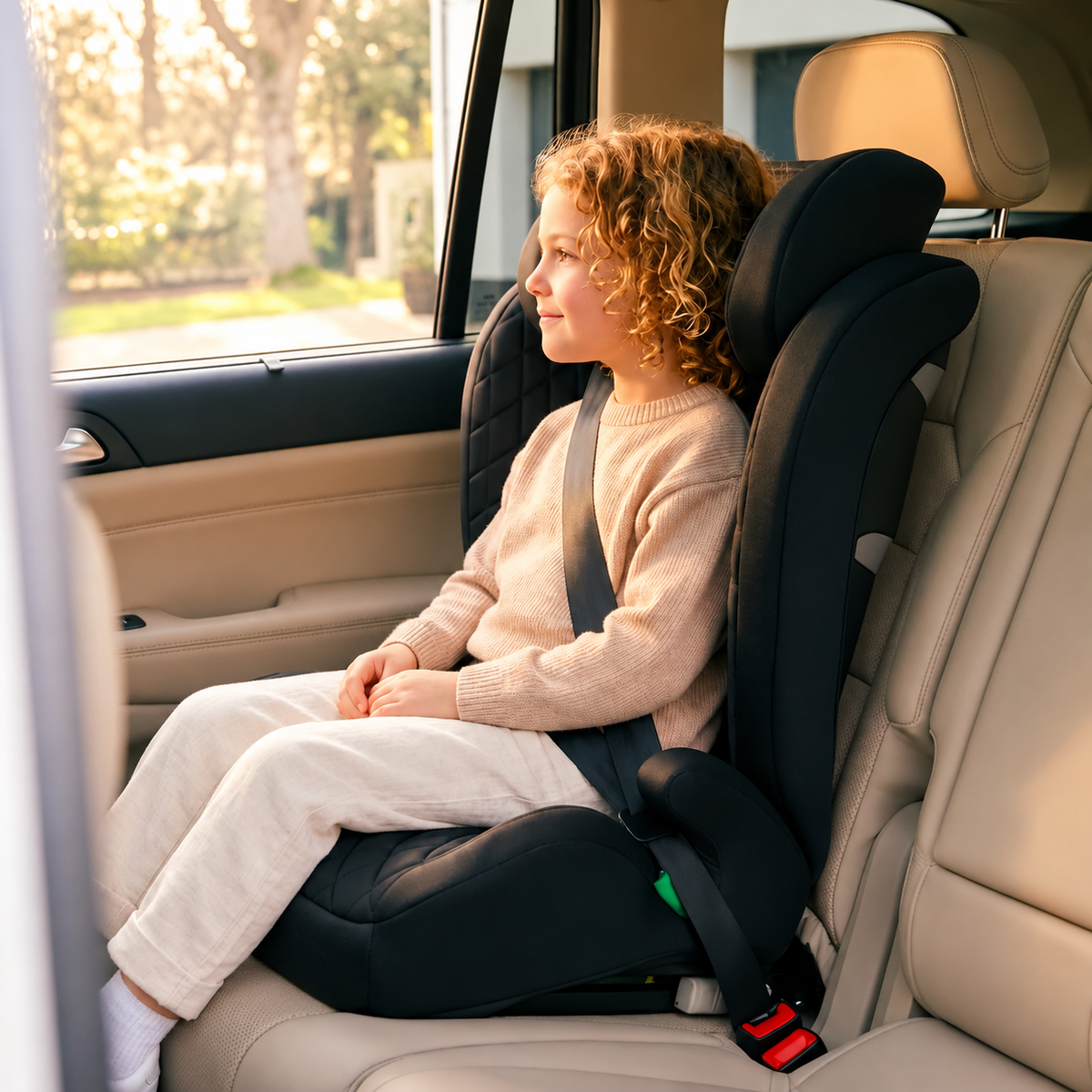 My Babiie MBCS23 High Back Booster Car Seat in black, featuring a child secured with a seat belt and looking out of the car window.