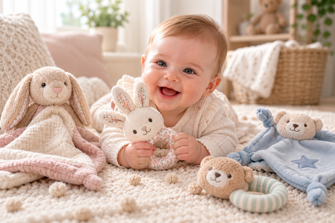 Smiling baby playing with soft bunny rattles and comforter toys in a bright, cosy nursery.