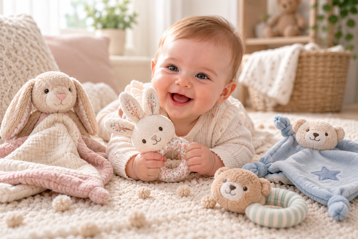Smiling baby playing with soft bunny rattles and comforter toys in a bright, cosy nursery.