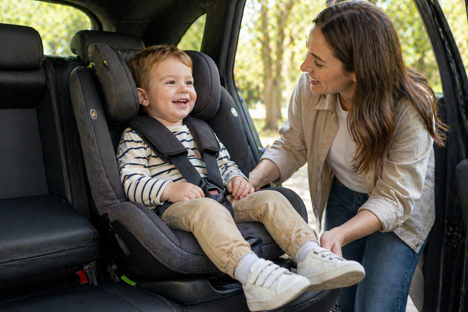 Toddler forward facing car seat collection featuring a child secured in a car seat while a parent adjusts straps inside a vehicle