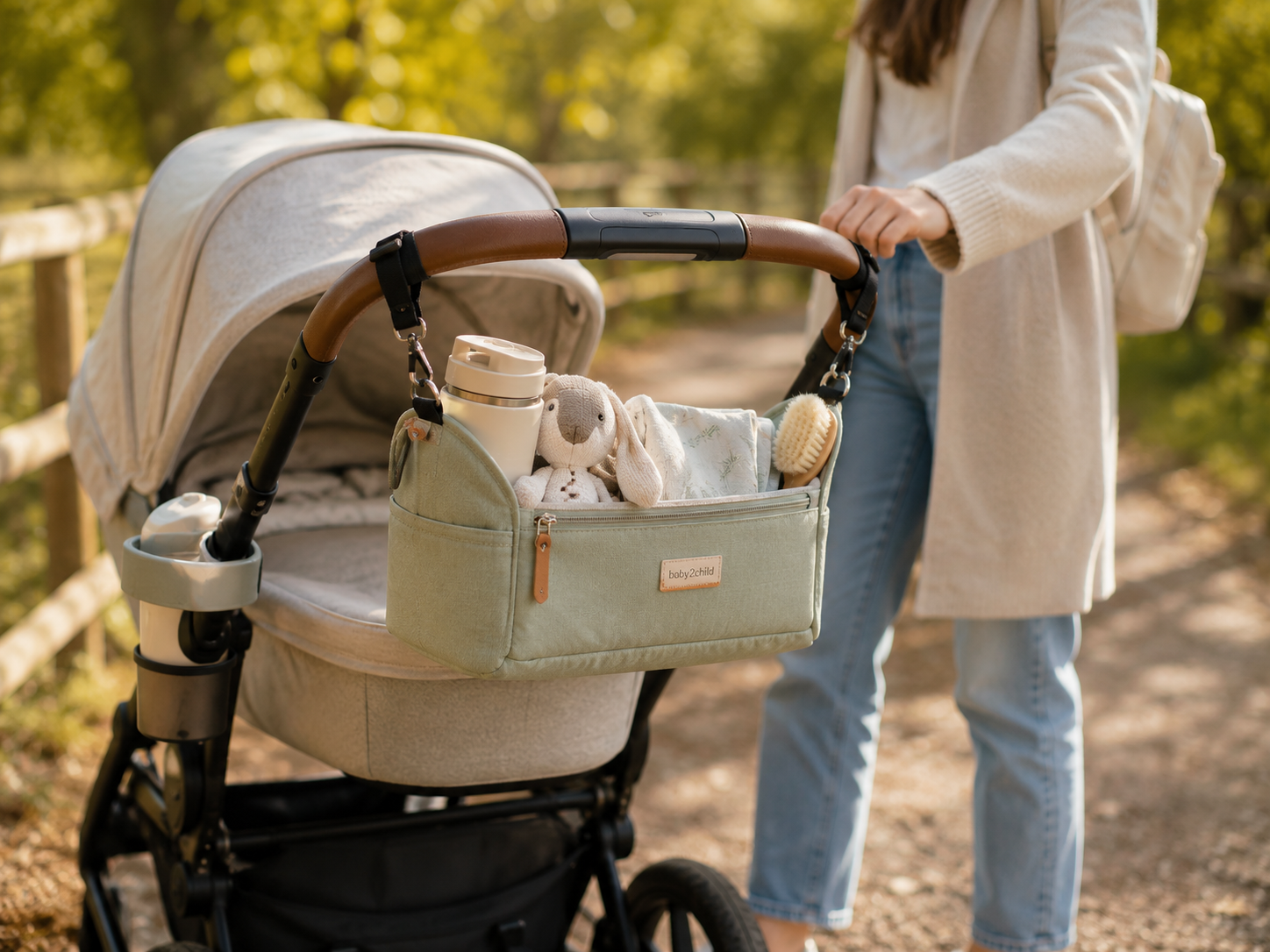 Parent pushing a pushchair with organiser bag, buggy clips and cup holder on a woodland walk