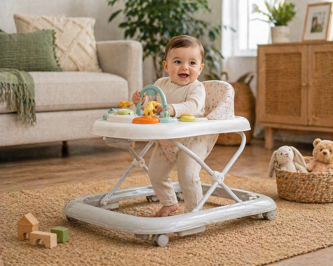 Baby walkers and jumpers collection featuring a baby standing in an activity walker with toys in a bright, modern living room setting