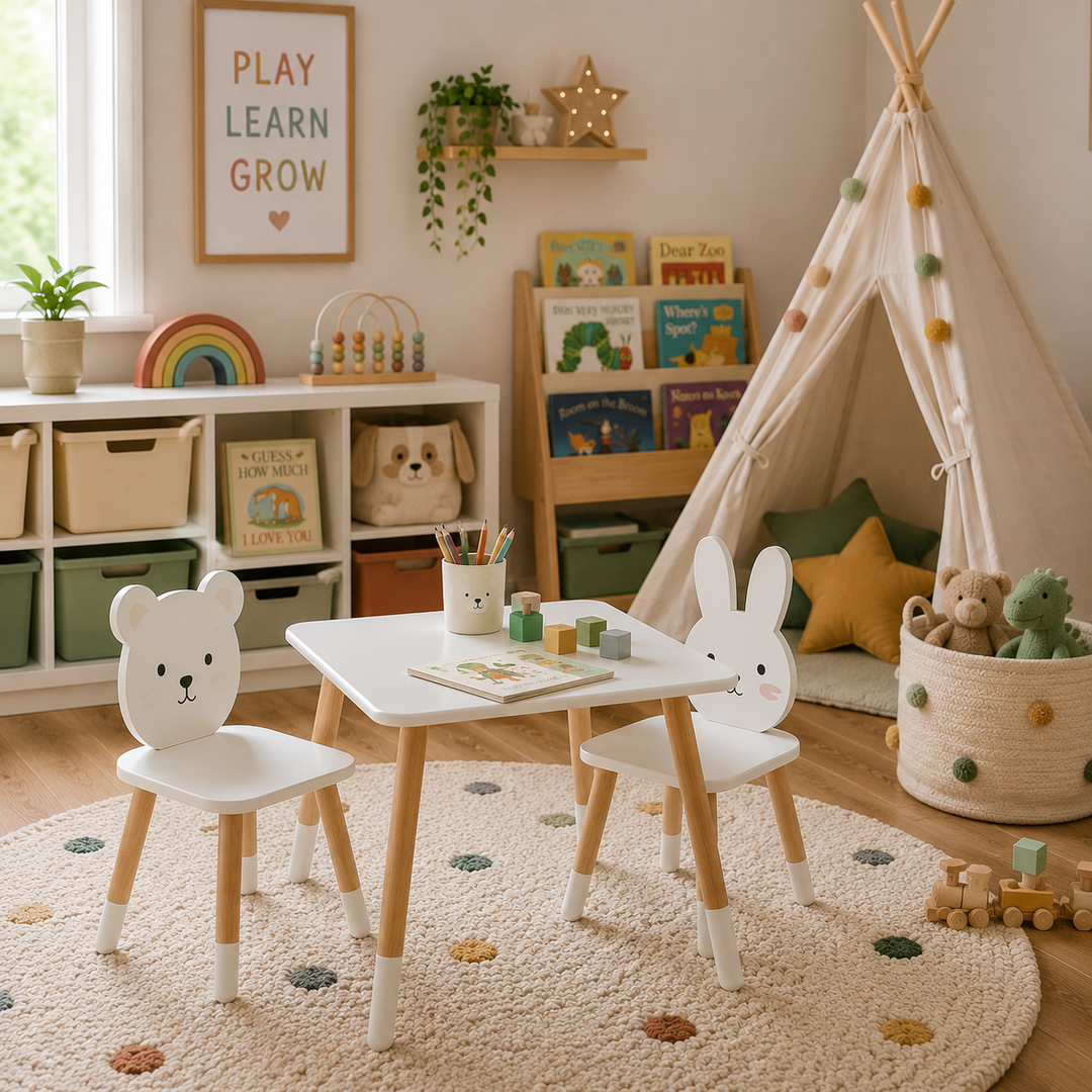 Children's play table and chairs in a modern playroom