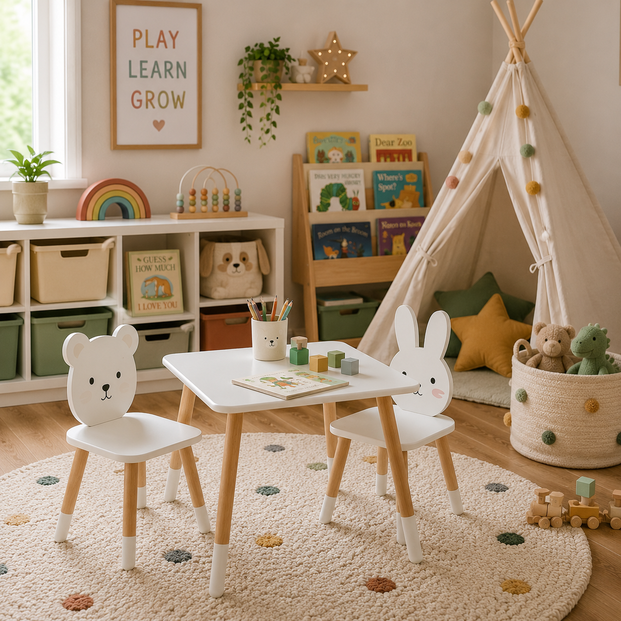 Children's play table and chairs in a modern playroom