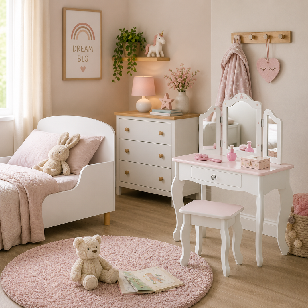 Children's dressing table and bedroom furniture in a modern bedroom